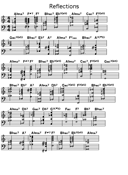 Reflections, p1: Page 1 of the score of the chord progression of Thelonious Monk's "Reflections".