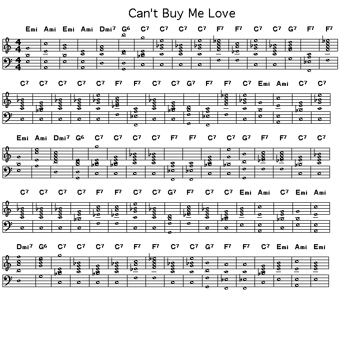 Can't Buy Me Love, p1: Page 1 of the score of the chord progression for Lennon and McCartney's "Can't Buy Me Love".