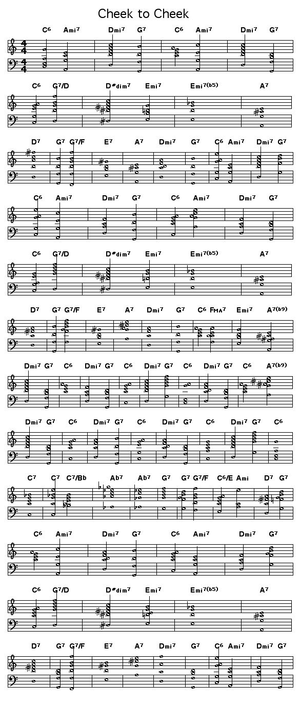 Cheek To Cheek: Chord progression for Irving Berlin's "Cheek To Cheek".  <P>  