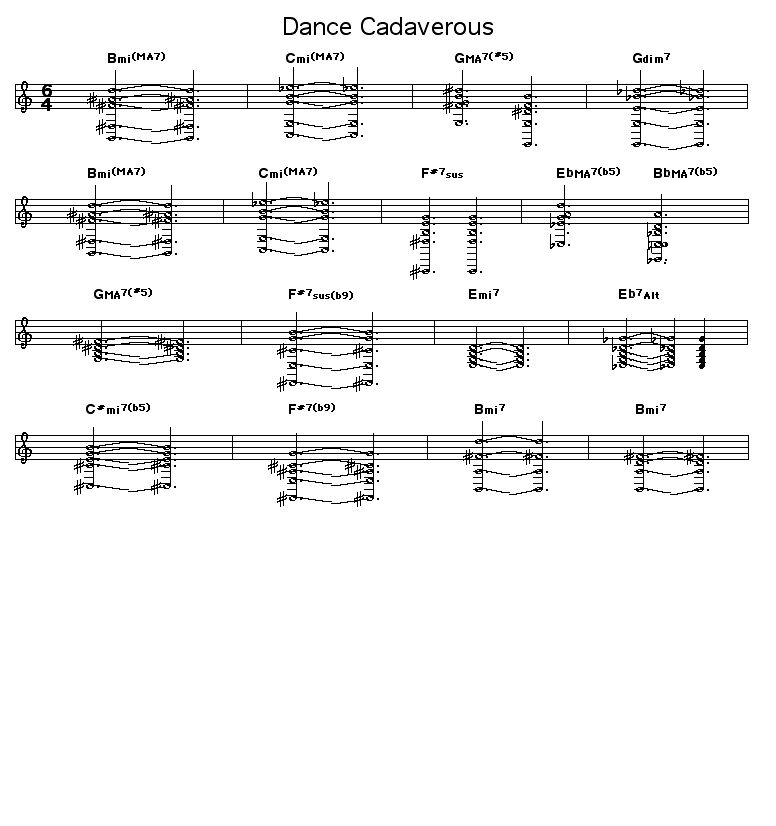 Dance Cadaverous: Chord sequence for Wayne Shorter's "Dance Cadaverous". I have not been able to find any source which publishes the entire sequence for this tune. There are two examples in Mark Levine's "The Jazz Theory Book" which give large fragments of this progression. I have tried to transcribe the chords that were missing from Levine's transcription. I have made a good faith effort to figure out these linking chords, but there is a very good chance that I've made errors. I would appreciate if someone with better ears than I could check this sequence for correctness.   <P></P>  <P><A href="http://www.songtrellis.com/picture$2379" ; ;target="_blank">Printable GIF image </A>of the score for this progresssion.</P>