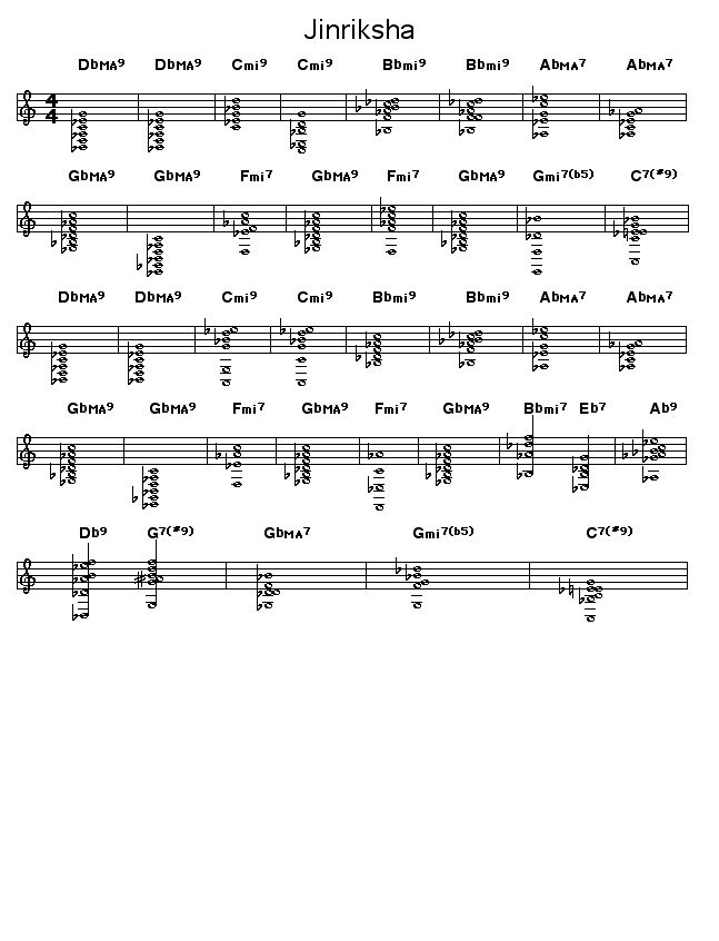 Jinriksha: Chord changes for Joe Henderson's "Jinriksha". This was first recorded on his "Page One" album for Blue Note Records.