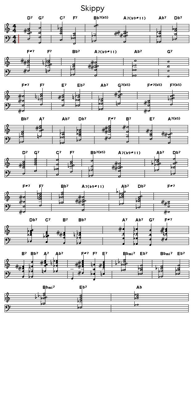 Skippy: The chord progression for Thelonious Monk's "Skippy".     This tune is a super intense exercise in harmony that follows long chains of cycle of fifths 7th chords and descending chromatic 7th chords.