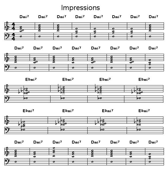 Impressions: This is a song that John Coltrane played frequently with his Classic Quartet with Elvin Jones, Jimmy Garrison, and McCoy Tyner.     Coltrane frequently took lengthy solos on this piece which would cause a performance to last for 20 or 30 minutes. The later moments of an "Impressions" performance often became a saxophone/drum duet between Coltrane and Jones (or Roy Haynes, when he was the drummer) that was conducted at very high intensity.    "Impressions" is a modal tune, where the harmony doesn't change for large sections of the tune's form.    It has the same harmonic plan as Miles Davis' "So What": 16 bars of Dmi7, 8 bars of Ebmi7, 8 bars of Dmi7.    Soloists use the pitches of the D Dorian mode as their starting point within the Dmi7 measures of the form, and Eb Dorian within the Ebmi7 measures. <p>    Here's a playlist which will allow you to perform some of Coltrane's better recordings of the piece. Scroll past that to see the downloadable score for the chord progression arrangement.    <object type="application/x-shockwave-flash" data="http://www.lala.com/external/flash/PlaylistWidget.swf" id="lalaPlaylistEmbed" width="300" height="254"><param name="movie" value="http://www.lala.com/external/flash/PlaylistWidget.swf"/><param name="wmode" value="transparent"/><param name="allowNetworking" value="all"/><param name="allowScriptAccess" value="always"/><param name="flashvars" value="playlistId=12857P22982&host=www.lala.com"/><embed id="lalaPlaylistEmbed" name="lalaPlaylistEmbed" src="http://www.lala.com/external/flash/PlaylistWidget.swf" width="300" height="254"type="application/x-shockwave-flash" pluginspage="http://www.macromedia.com/go/getflashplayer"wmode="transparent" allowNetworking="all" allowScriptAccess="always"flashvars="playlistId=12857P22982&host=www.lala.com"></embed></object><div style="font-size: 9px; margin-top: 2px;"><a href="http://www.lala.com/playlist/12857P22982" title="Coltrane's recorded "Impressions"">Coltrane's recorded "Impressio...</a></div>