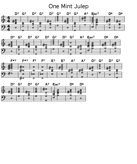 One Mint Julep, p1: <P>GIF image of the score of the chord progression for Rudolph Toombs' "One Mint Julep".</P>