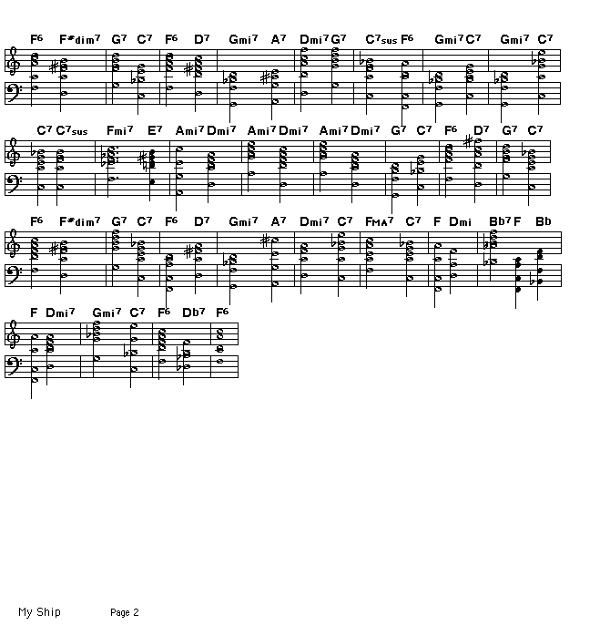 My Ship, p2: Page 2 of the score of the chord progression for Kurt Weill's "My Ship".