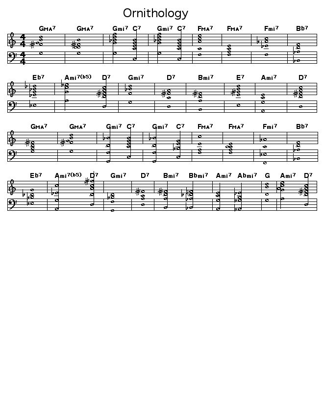 Ornithology, p1: <P>Printable GIF image of the score of the chord progression for Charlie Parker's "Ornithology".</P>  <P> Parker took these changes from the popular tune "How High The Moon".</P>