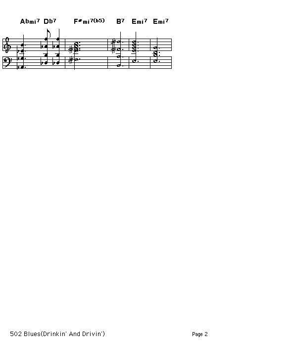 502 Blues(Drinkin and Drivin), p2: Page 2 of the score for the chord progression of Jimmy Rowles' "502 Blues".